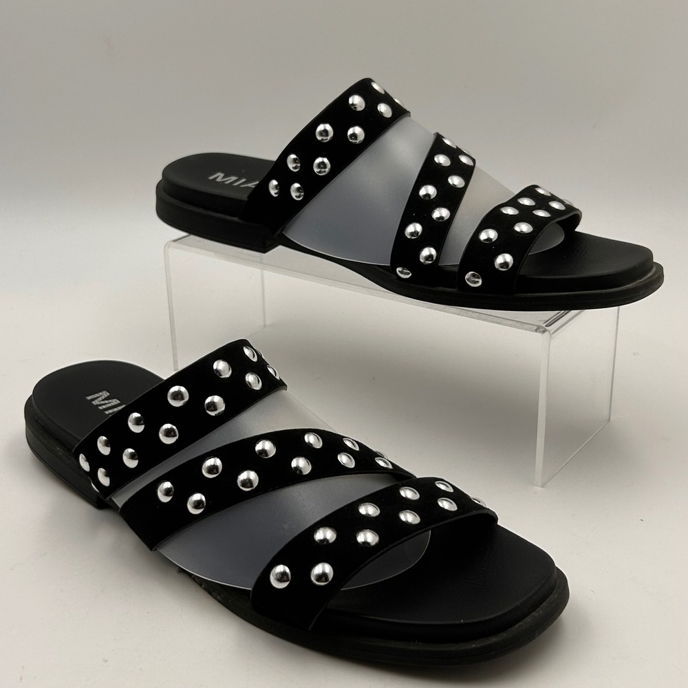 MIA Studded Slide Sandals Womens 8.5 Black Triple Strap Silver Studs Edgy Grunge